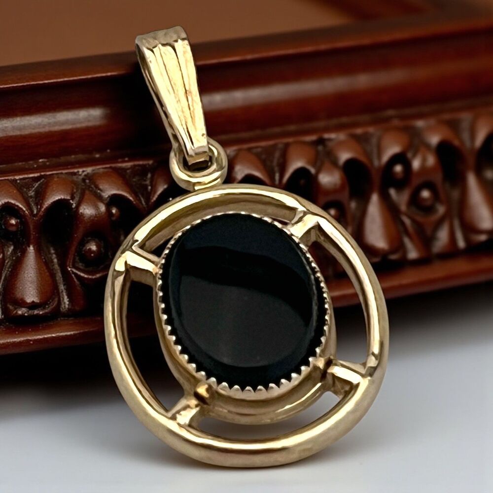 Vintage 1950s Black Cabochon Pendant Gold Filled Modernist Mid Century - 7S